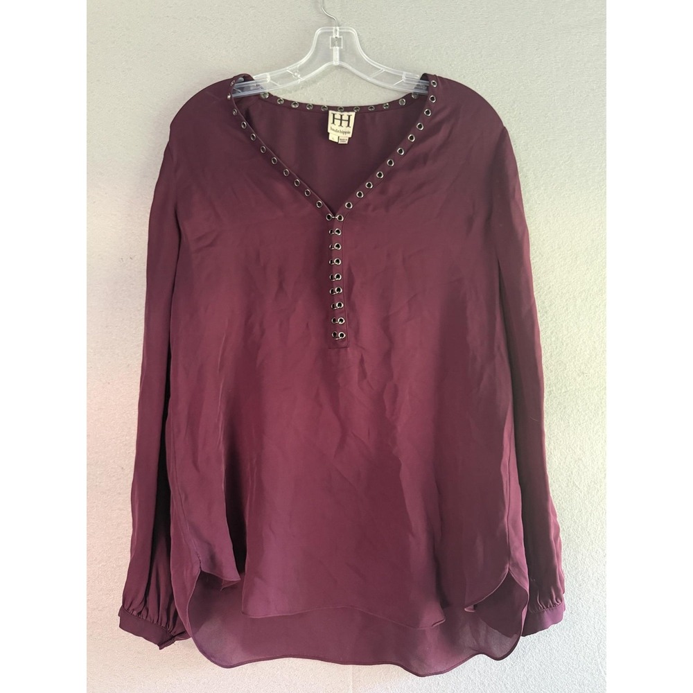 Haute Hippie Blouse Womens L Purple Studded V Neck Slit Sleeve Chiffon Tunic Top